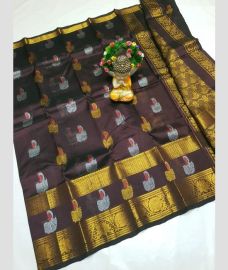 brown and charcoal block colour mangalagiri cotton sarees with Kanchi Border design