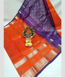 orange  and silver colour mangalagiri cotton sarees with Kanchi Border design