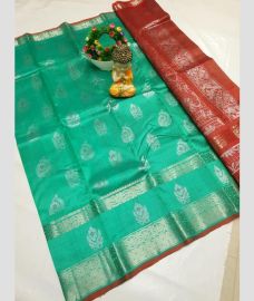 teal green colour mangalagiri cotton sarees with Kanchi Border design