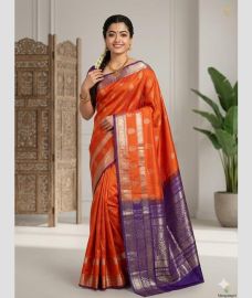 orange colour mangalagiri cotton sarees with Kanchi Border design