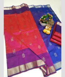 Coral Pink and Blue mangalagiri pattu sarees with Kaddy Border design