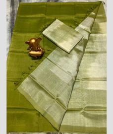 Leafy Green and Cream mangalagiri pattu sarees with Half and Half design