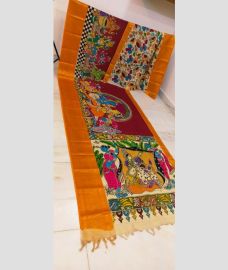 Maroon and Orange mangalagiri pattu sarees with All over Pen Kalamkari design
