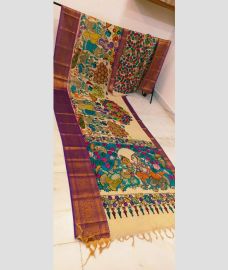 Cream and Purple mangalagiri pattu sarees with All over Pen Kalamkari design