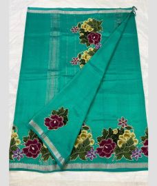 Turquoise and Silver mangalagiri pattu sarees with Jari Border design