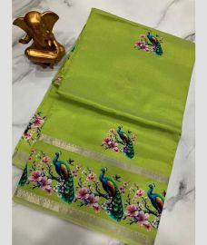 Parrot Green mangalagiri pattu sarees with Gap Border design