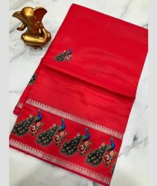 Crimson mangalagiri pattu sarees with Gap Border design