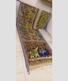 Dull Purple and Cream mangalagiri pattu sarees with All over Hand Paint Pen Kalamkari design
