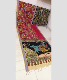 Pink and Black mangalagiri pattu sarees with All over Hand Paint Pen Kalamkari design