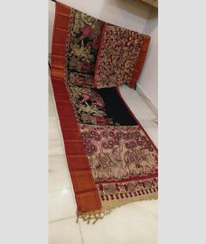 Black and Chestnut mangalagiri pattu sarees with All over Hand Paint Pen Kalamkari design