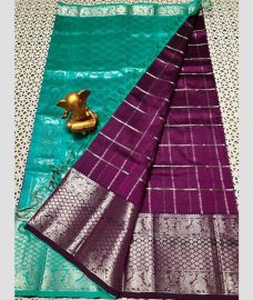 Turquoise and Magenta mangalagiri pattu sarees with All over Checks and Buttas design