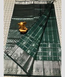 Dark Green and Silver mangalagiri pattu sarees with All over Checks and Buttas design