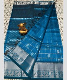 Blue Ivy and Silver mangalagiri pattu sarees with All over Checks and Buttas design