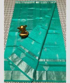 Cyan and Silver mangalagiri pattu sarees with All over Checks and Buttas design