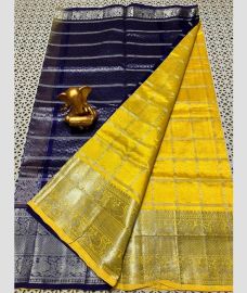 Navy Blue and Yellow mangalagiri pattu sarees with All over Checks and Buttas design