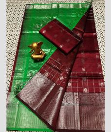 Parrot Green and Maroon mangalagiri pattu sarees with All over Checks and Buttas design