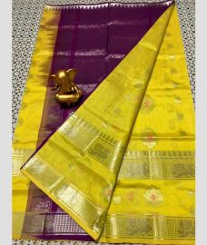 Magenta and Yellow mangalagiri pattu sarees with All over Checks and Buttas design