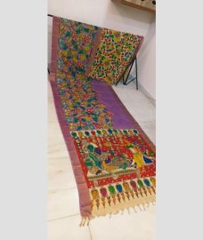 Lavender and Red mangalagiri pattu sarees with All over Hand Paint Pen Kalamkari design