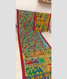 Sky Blue and Pink mangalagiri pattu sarees with All over Hand Paint Pen Kalamkari design