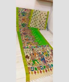 Parrot Green and Cream mangalagiri pattu sarees with All over Hand Paint Pen Kalamkari design