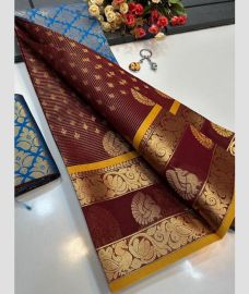 brown colour mangalagiri pattu sarees with All over Buttas design