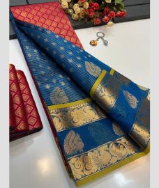 blue colour mangalagiri pattu sarees with All over Buttas design
