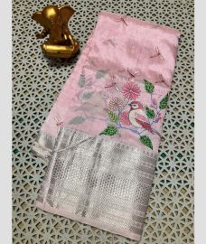pink colour mangalagiri pattu sarees with Kanchi Border design
