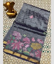 gray colour mangalagiri pattu sarees with All over Checks design