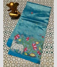 cyan colour mangalagiri pattu sarees with All over Embroidary design