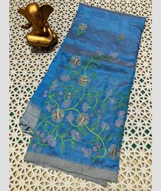 sky blue colour mangalagiri pattu sarees with All over Embroidary design