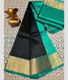 black and cyan blue colour mangalagiri pattu sarees with Plain design