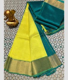 yellow and teal colour mangalagiri pattu sarees with Plain design