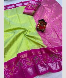 olive green and pink colour mangalagiri pattu sarees with Pochampally Border design