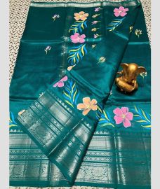teal blue colour mangalagiri pattu sarees with All over design
