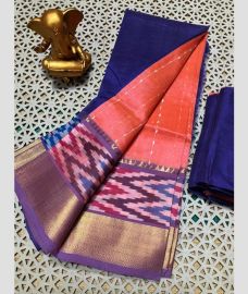 corala nd navy blue colour mangalagiri pattu sarees with Pochampally Border design