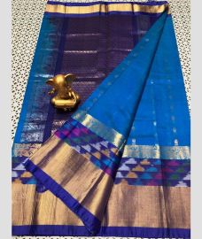 cyan blue colour mangalagiri pattu sarees with Kanchi Border design
