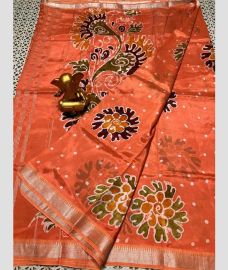 coral colour mangalagiri pattu sarees with All over Printed design