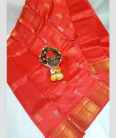 coral colour mangalagiri pattu sarees with Kanchi Border design