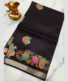 charcoal colour mangalagiri pattu sarees with All over Printed design