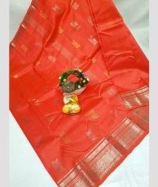 coral colour mangalagiri pattu sarees with Kanchi Border design