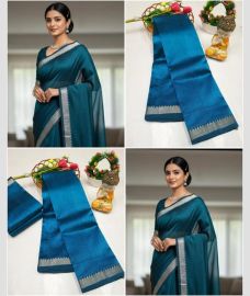 cyan blue colour mangalagiri pattu sarees with Kanchi Border design