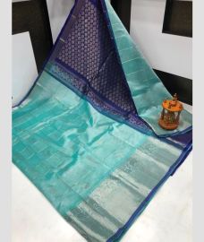 blue and silver colour mangalagiri pattu sarees with Pochampally Border design