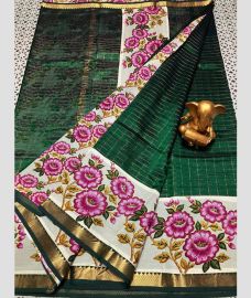 green colour mangalagiri pattu sarees with All over Lines design