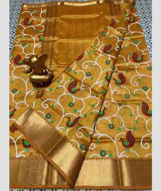brown colour mangalagiri pattu sarees with All over Printed design