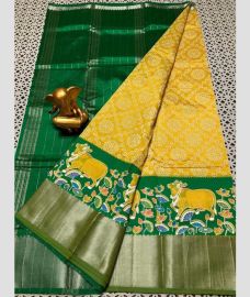 green and brown colour mangalagiri pattu sarees with All over Printed design