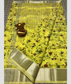light yellow colour mangalagiri pattu sarees with All over Printed design