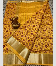 yellow colour mangalagiri pattu sarees with All over Printed design