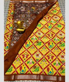 yellow colour mangalagiri pattu sarees with All over Printed design