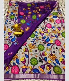 light blue and purple colour mangalagiri pattu sarees with All over Printed design