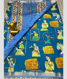 light blue colour mangalagiri pattu sarees with All over Printed design